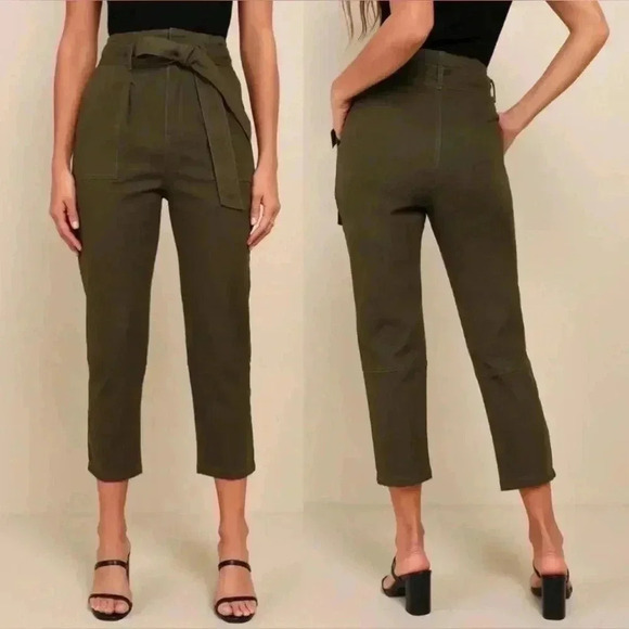 Lulu's Leo Olive Green Tie-Waist Cropped Pants EUC - Picture 2 of 10
